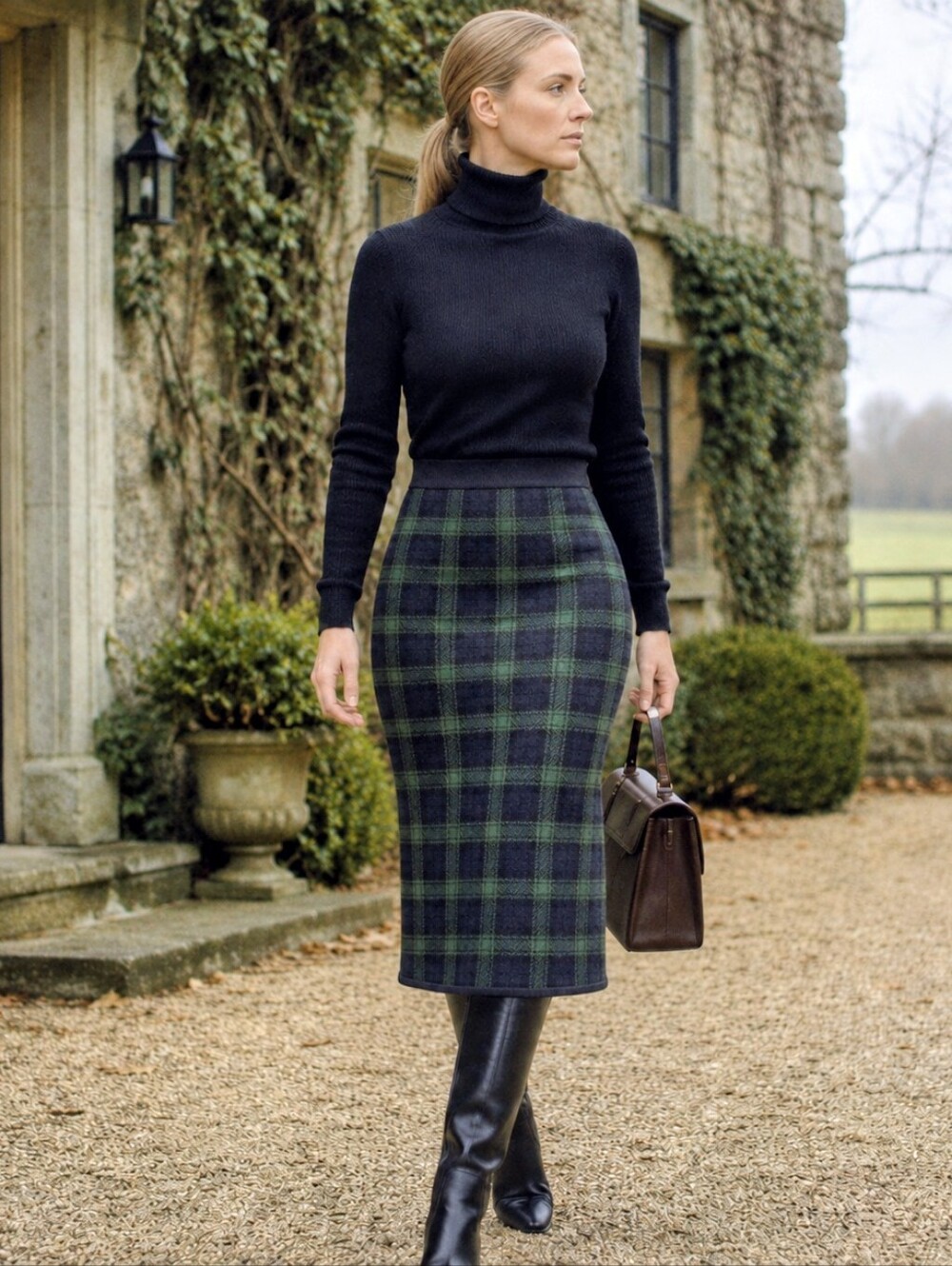twik Black and Green Plaid Pencil Skirt